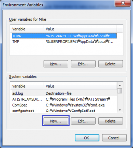 "New" buttton to create a new environment variable